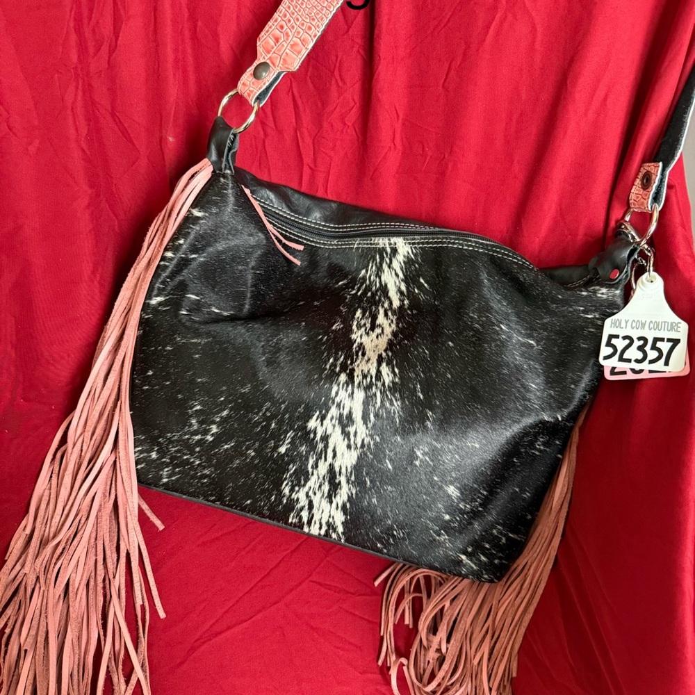 Holy Cow Large Designer $385 Pink Fringe  Black and White beautiful Hide Bag